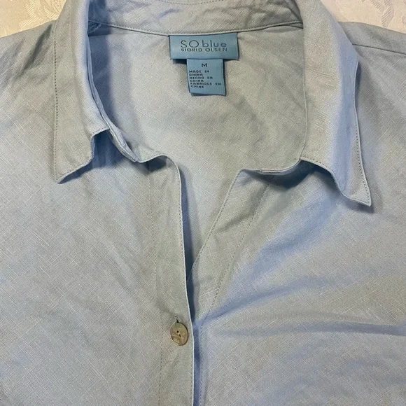 Sigrid Olsen 100% Linen Blouse Size Medium 3/4 Sleeves Collared Popover Blue - Picture 3 of 9